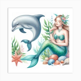 Dolphin and Mermaid 2 Art Print