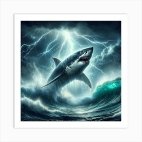 A Gigantic Great White Shark Leaps Out of the Stormy Sea with Lightning Crashing All Around Art Print