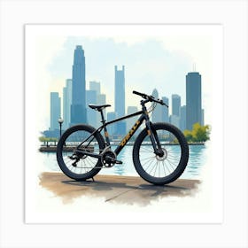 Sports Bike With A Dynamic Urban Skyline In Watercolor 1 Art Print