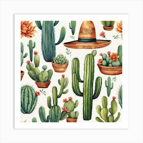 Watercolor Cactus Pattern Art Print