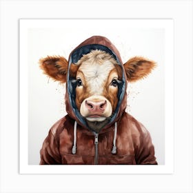 Watercolour Cartoon Cattle In A Hoodie 3 Art Print