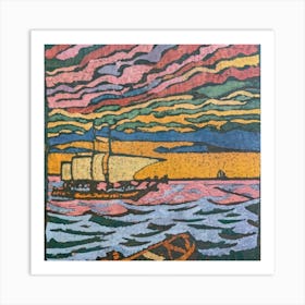 Oil painting of a boat in a body of water, woodcut, inspired by Gustav Baumann 5 Art Print