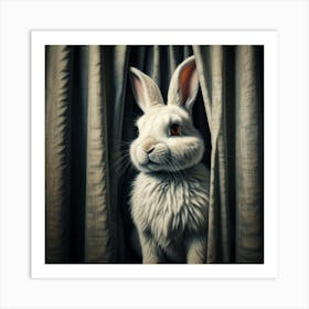 White Rabbit Peeking Out Of Curtains Art Print