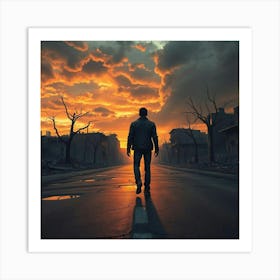 Man Walking In The Street At Sunset Art Print