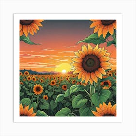 A Vibrant Field Of Sunflowers Stretching Towards The Horizon Under A Bright Sun A Poster Of Sunflowers In A Field With The Sun In The Background (1) Art Print