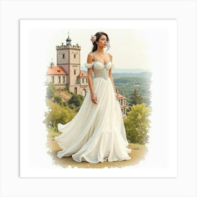 Graceful Dress Watercolor, With A Charming Old World Backdrop 1 Art Print