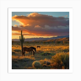 Horses Grazing In The Desert 1 Art Print