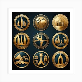 Collection Of Emblematic Icons Each Representing A Different Country Egypt China Cambodia Kore (3) Art Print