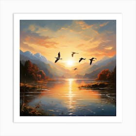 Geese Flying Over Lake Art Print