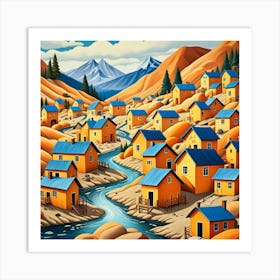 Prospectors Village With Stream Cubism Style Art Print