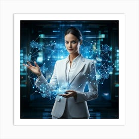 Cybernetic Advocate A Businesswoman Encapsulated In A Futuristic Suit Her Hand Garnished With Hol Art Print