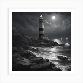 A Picturesque Lighthouse Standing Tall On A Rocky Coastline, Guiding Ships At Night 2 Art Print