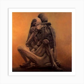 Zdzislaw Beksinski Skeletons Embracing | Oil on Panel Skull Gothic Dark Aesthetic Wall Art | Macabre Skeleton Couple Romantic Valentines HD Remastered Art Print