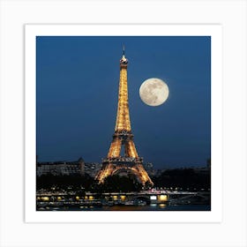 Full Moon Over The Eiffel Tower Art Print