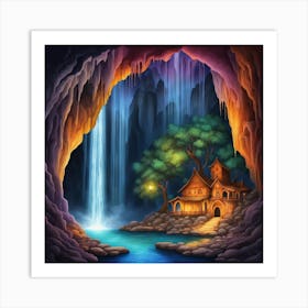 House in a Cave With a Waterfall Art Print