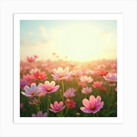 A Field Of Blooming Cosmos Flowers With A Soft, Dreamy Sky 5 Art Print