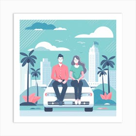 Couple Sitting On The Car Art Print