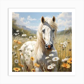 White Horse In Flower Meadow Art Print