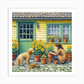 Girl with flower pots  Art Print