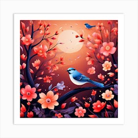 A Bright-Toned Design With Flowers And Leaves Trees And Birds A Beautiful And Simple Picture Bird In The Flower Art Print