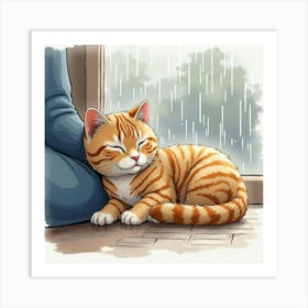 A Gentle Scottish Fold Cat Resting Beside Its Human On A Rainy Day, Watercolor 1 Art Print