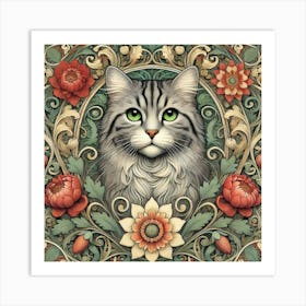 william morris Cat With Flowers 2 Art Print