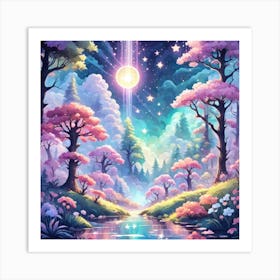 A Fantasy Forest With Twinkling Stars In Pastel Tone Square Composition 462 Art Print