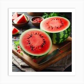 Watermelon On Wooden Cutting Board Art Print