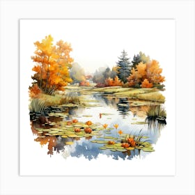 Watercolor Autumn Lily Pond Art Print