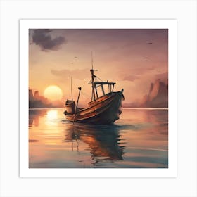 Fishing Boat At Sunset Art Print