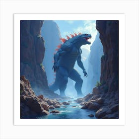 Titan Monster In A Watercolor Rocky Canyon With Bright Lights 1 Art Print