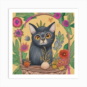 Cat In A Basket Art Print