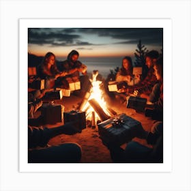 Group Of Friends Around A Campfire Art Print