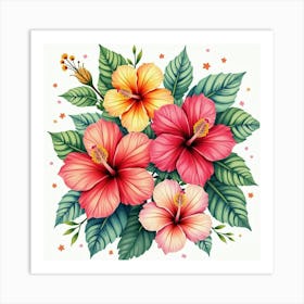 Bright Watercolor Hibiscus Flowers In A Tropical Setting Art Print