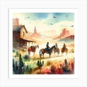 Watercolor Cowboys In The Desert 4 Art Print