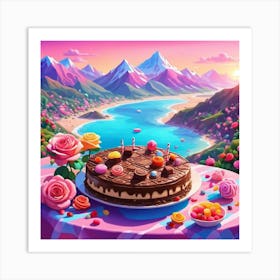 Birthday Cake With Beautiful Landscape Art Print