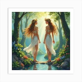 Watercolor The Enchanting Greek Nymphs In A Vibrant Forest Scene 1 Art Print