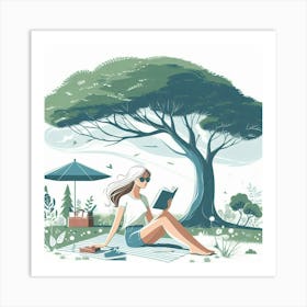 Girl Reading In The Park, Vector Style 1 Art Print