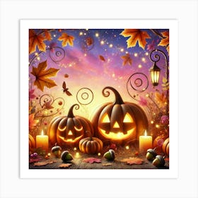 Whimsical Halloween pumpkins at sunset Art Print