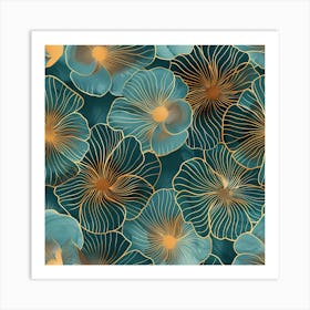 Abstract Floral Pattern In Turquoise And Gold Art Print