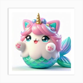 Fluffy 3D image of mermaid caticorn 8 Art Print