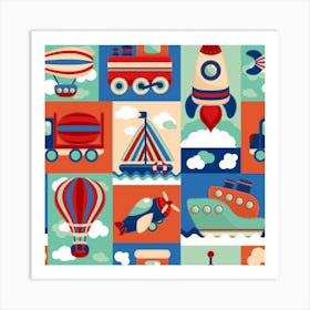 Toy Transport Cartoon Seamless Pattern With Airplane Aerostat Sail Yacht Vector Illustration Art Print