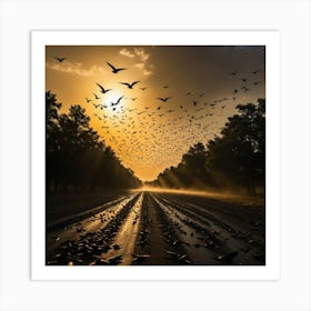 Silhouettes of Freedom: Birds Flying in Harmony Beneath the Brilliance of the Setting Sun Art Print