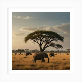 A Vast Savannah With Acacia Trees And A Herd Of Elephants In The Distance 2 Art Print