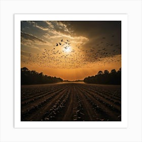 A Majestic Flight of Birds Across a Sunset Sky, with Their Shadows Stretched on the Earth Art Print