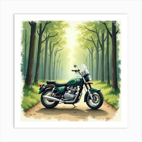 Retro Motorcycle In A Serene Forest Watercolor Art 1 Art Print