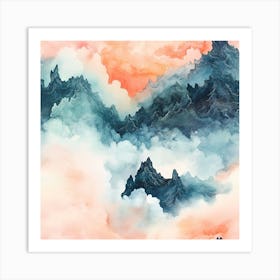 Watercolour Clouds Mountain Seamless Pattern Poster