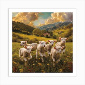 Lambs In The Meadow 3 Art Print