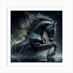 Black Horse In Water Art Print