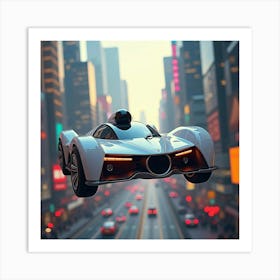 High Tech Flying Car With Sleek Design, Cruising Through A Vibrant Cityscape 1 Art Print